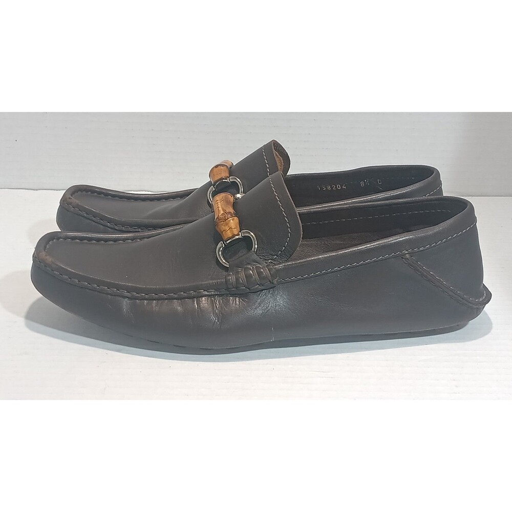 Men's 8.5 🔥 GUCCI Chocolate Brown Leather Driving Loafers Bamboo Horsebit Shoes - Picture 4 of 14